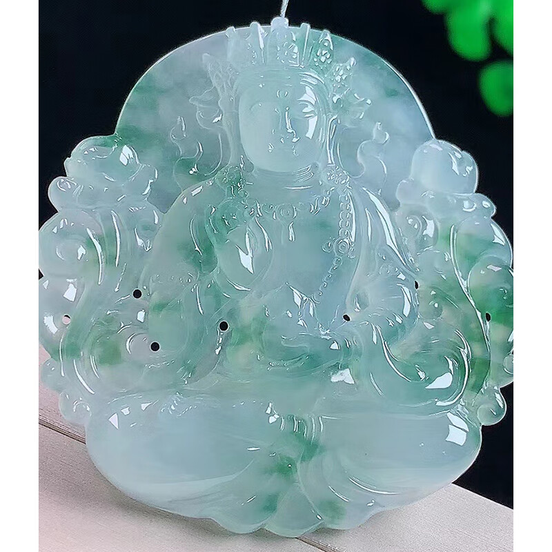 心偶玉 翡翠冰种飘花度母牌吊坠 缅甸a货翡翠送礼男款尺寸54.9/54/6.