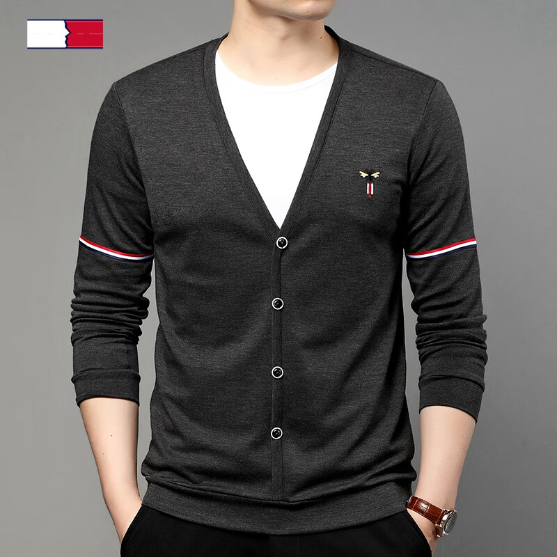 希凯利官方毛衣男秋冬季外穿针织假开衫v领休闲上衣男装品牌 深灰 165