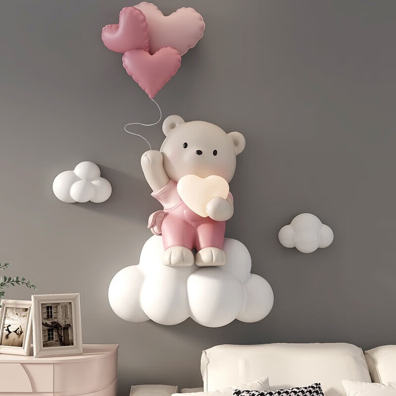 客厅沙发背景墙装饰品立体浮雕壁饰卧室床头挂 气球云朵熊壁饰-粉色