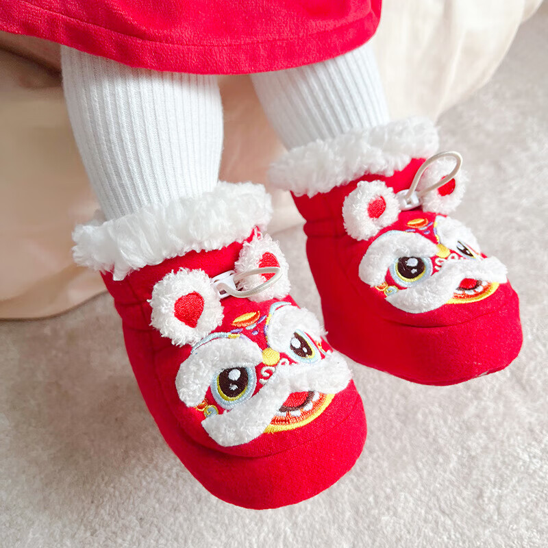 吖卜獸秋冬嬰兒鞋子男女寶寶學(xué)步鞋小孩滿月周歲虎頭鞋紅色喜慶新年棉鞋 紅色喜慶醒獅 12 (內(nèi)長11.5CM)建議0-6個(gè)月