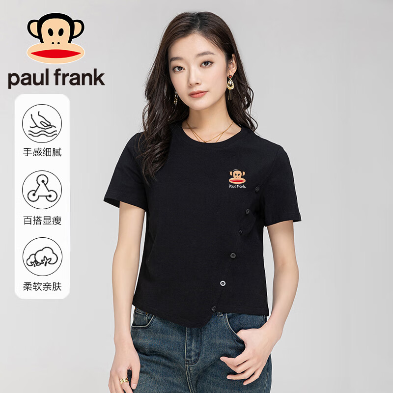 大嘴猴（paul frank）短袖t恤女夏季2024纯棉斜排扣设计感小众独特短款上衣黑色L