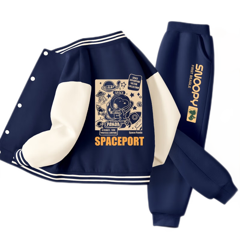 SNOOPY男童套裝2025春秋新款男孩棒球服秋裝兒童外套中大童休閑衣服 外星努比背藏青+小兔子努比K藏青 130