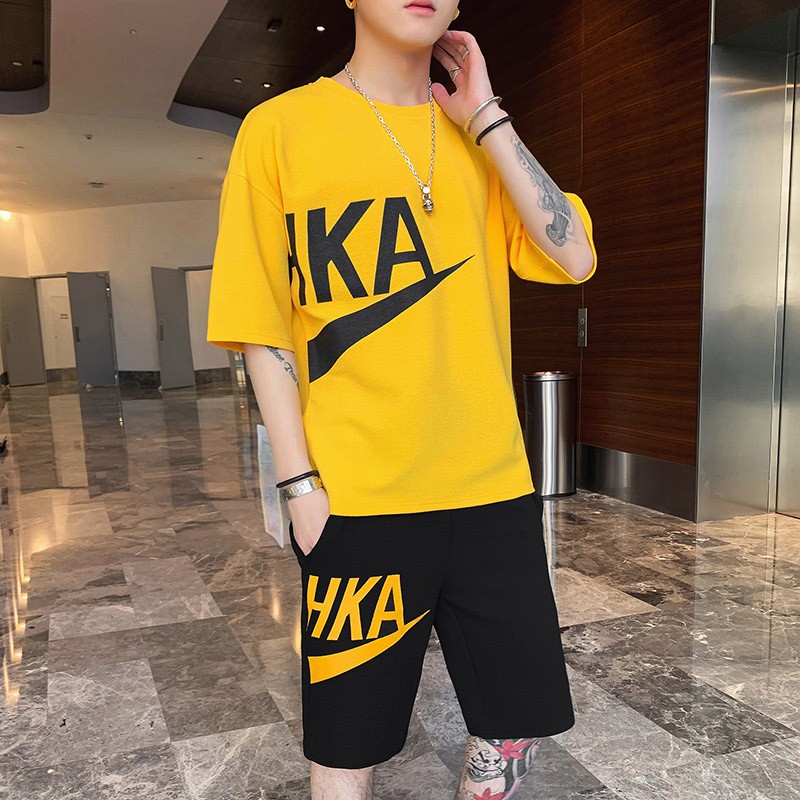 男士套装休闲韩版运动套装拼接青年短袖T恤套装 黄色 男M