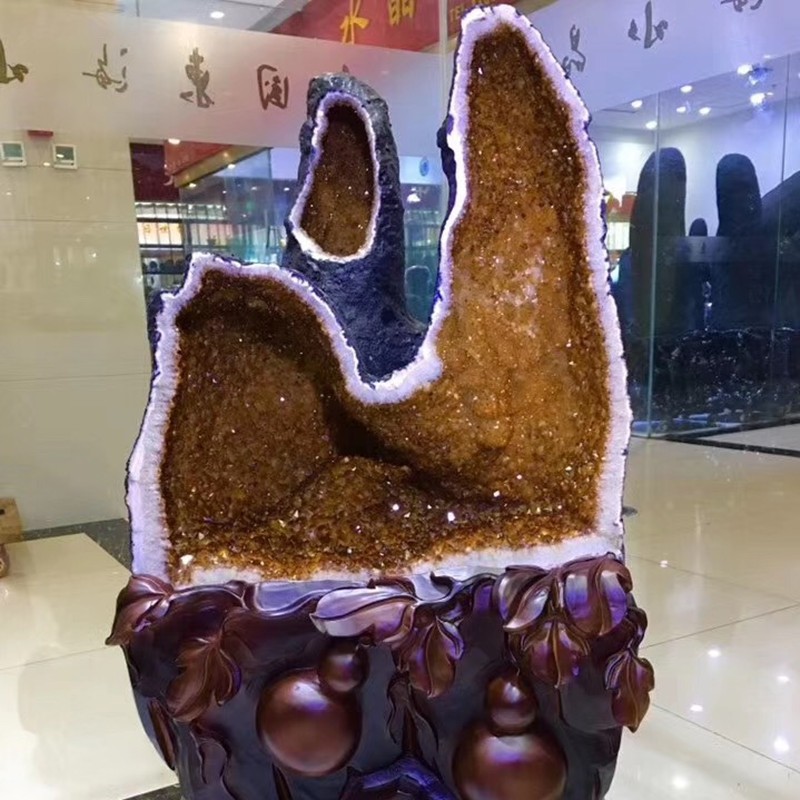 君政收藏款黄水晶洞摆件洞形好颗粒匀称颜色金黄 家居办公摆设摆放