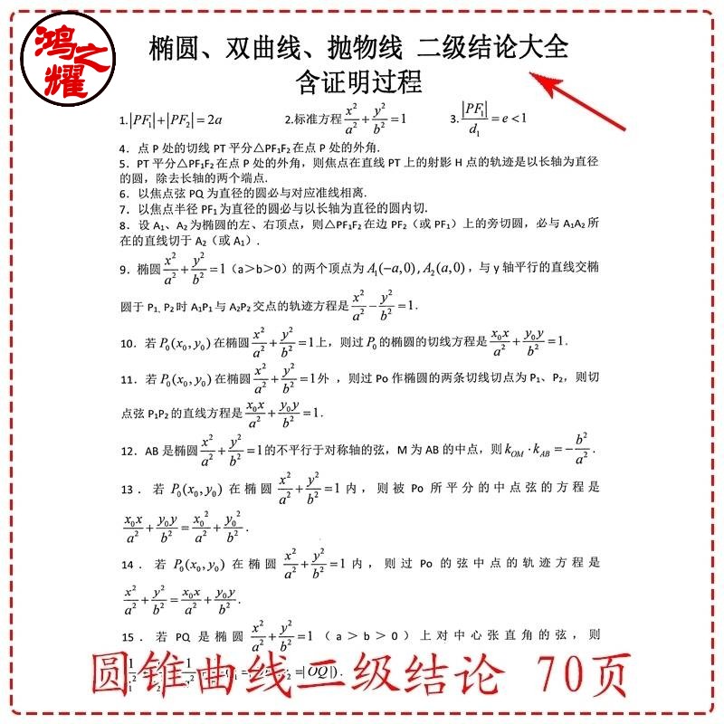 老师高中高考数学圆锥双曲线抛物线二级结论大全含证明过程课业练习本