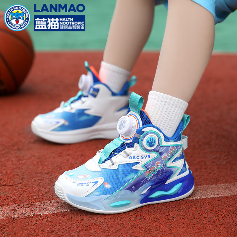 蓝猫儿童篮球鞋春季科比系列透气双网运动休闲纽扣男童旋转扣学生球鞋
