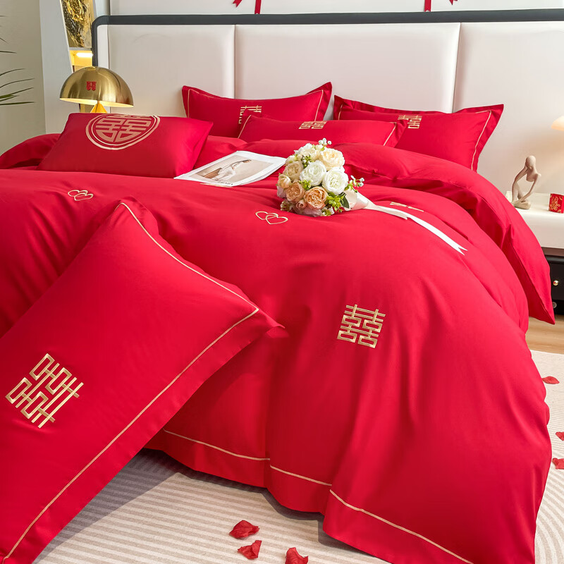 南极人（NanJiren）高档中式刺绣结婚四件套大红色床单被套婚庆陪嫁套件结婚床上用品 花愿-满心欢喜 1.8m床单款四件套(被套200*230cm