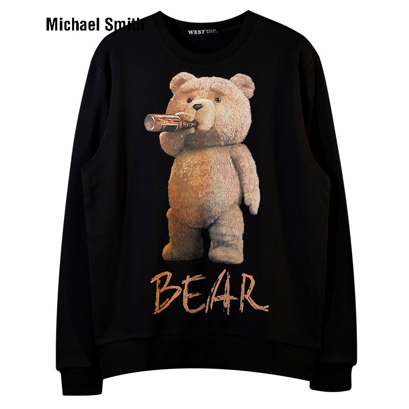 michael smithbear泰迪熊系列喝啤酒小熊印花卫衣男女款情侣宽松纯棉
