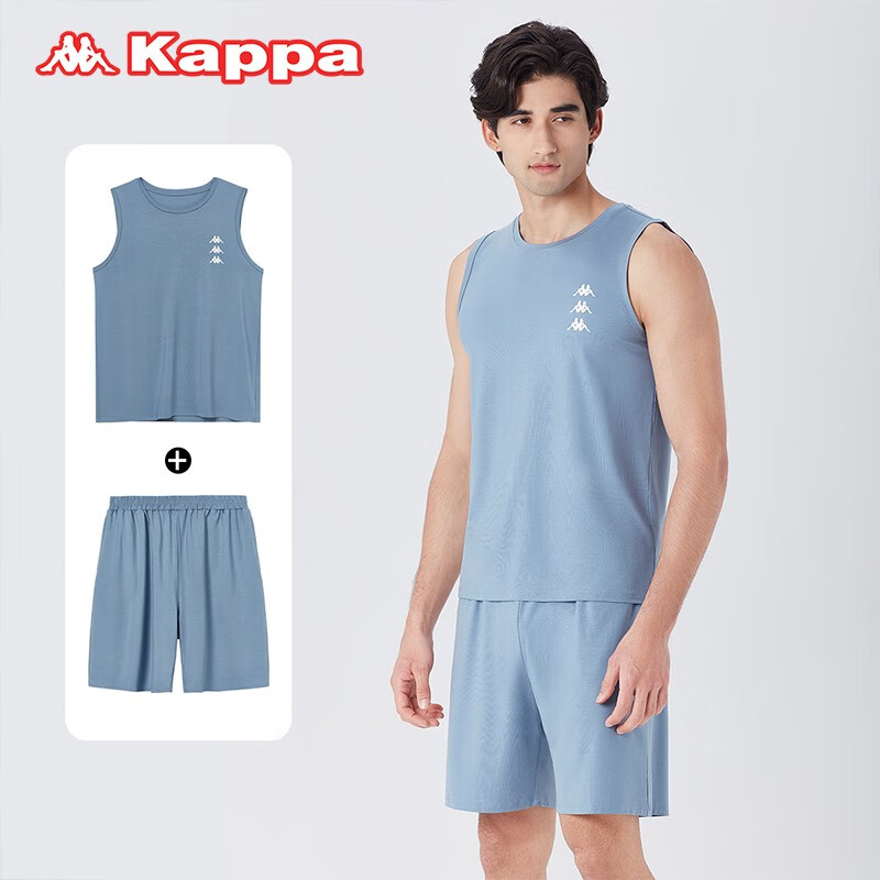 KAPPA卡帕睡衣男士家居服2023夏季新款冰丝凉感透气背心短裤运动套装男 灰蓝 L码 建议(120-140斤)