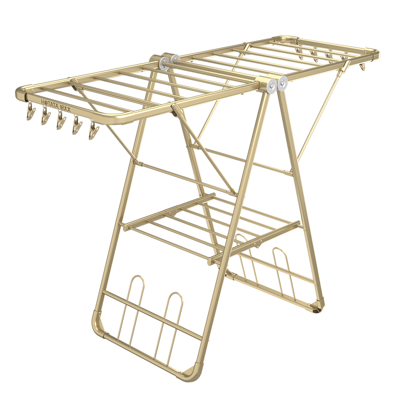 好太太晾衣架落地折叠晒衣架折叠挂衣架室内晾衣杆阳台晒被架不锈钢加厚晾晒架晒衣服架翼型免安装挂衣架 【D-2131】香槟金+中号款