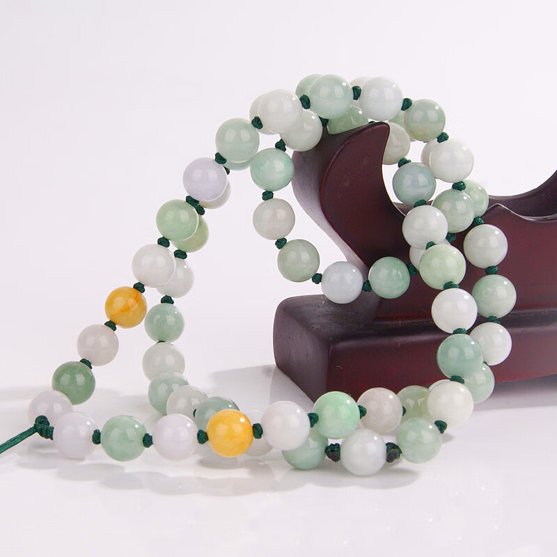 恋聚缅甸翡翠a货玉佛珠项链男女款浅绿三彩玉珠圆珠子玉链 证书9mm 浅