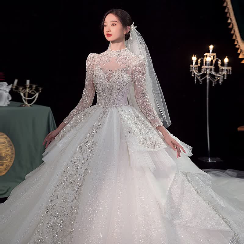 红妆饰佳婚纱新娘2023新款法式重工高级质感气质迎宾小个子长袖主纱 浅香槟齐地 L使用感如何?