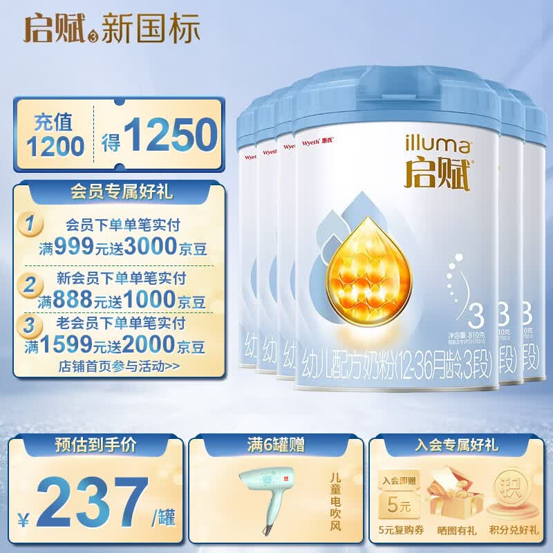 惠氏启赋（Wyeth illuma）蓝钻 婴幼儿配方奶粉 【新国标】蓝钻启赋3段810g*6罐属于什么档次？