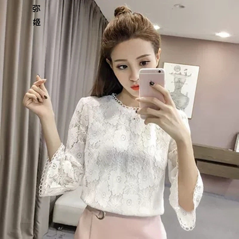 长袖t恤女新款气质淑女百搭小清新长袖打底衫镂空蕾丝修身显瘦上衣