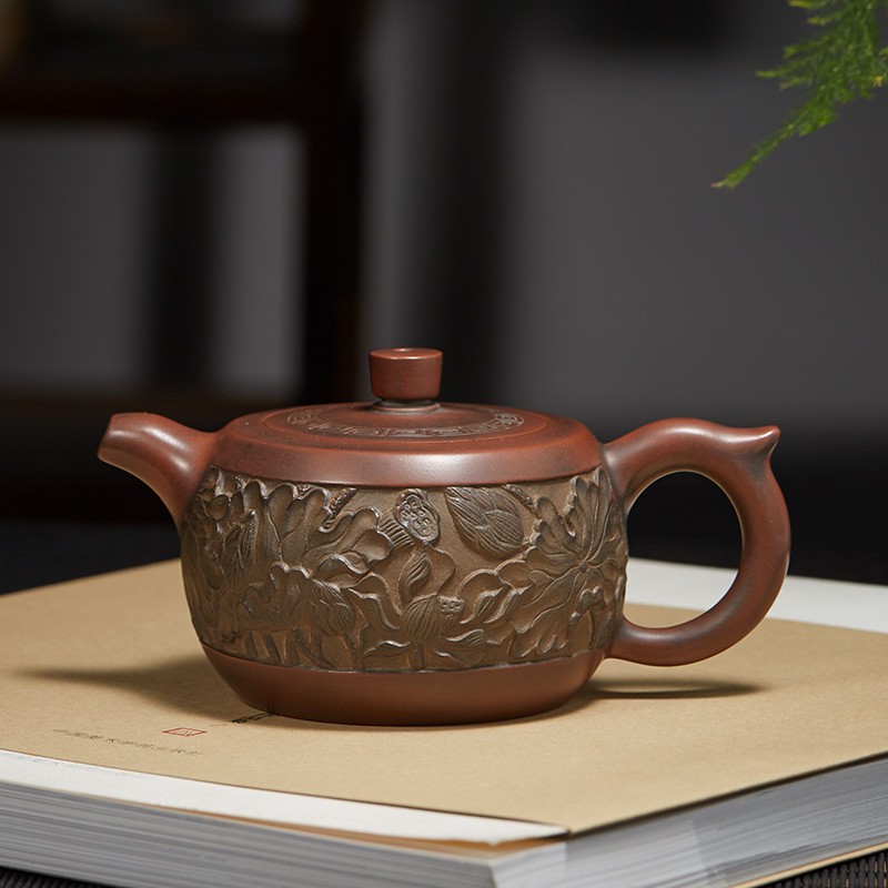 此时此刻钦州坭兴陶壶梁业兰手工浮雕壶井栏壶泡茶壶茶具一壶四杯