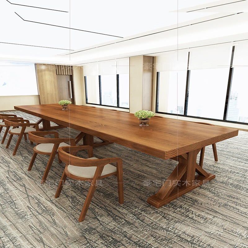 古峪会议桌洽谈桌椅组合简约现代小型演讲台工作台长条桌实木原木办公