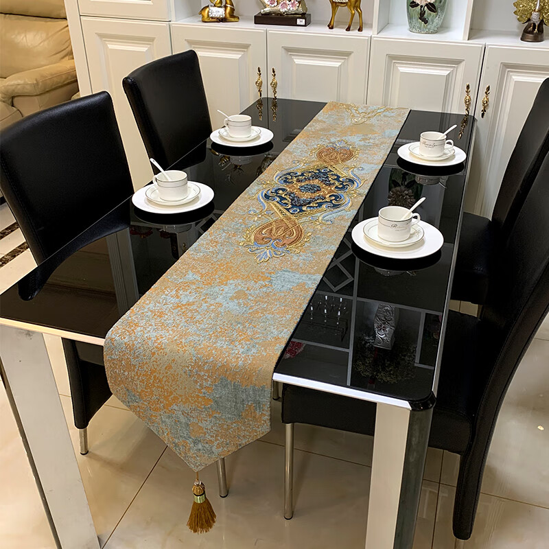 桌旗高端客厅 美式轻奢餐桌旗布欧式刺绣茶几旗布新中式简约 忆流年