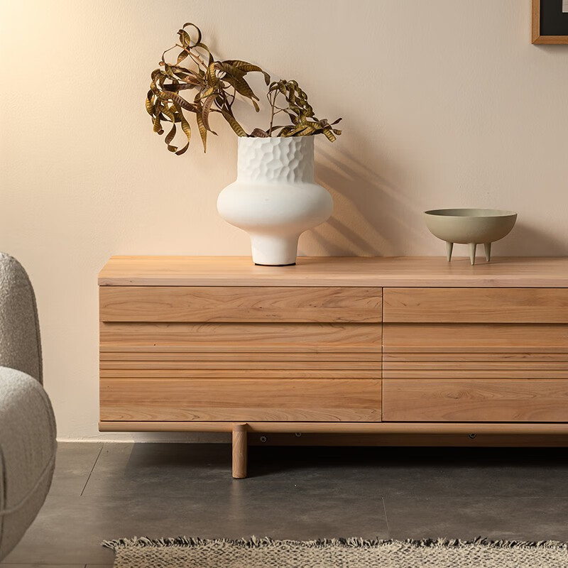 简约电视柜客厅落地原木色视听柜收纳地柜小户型柏木家具 具 浅茶色