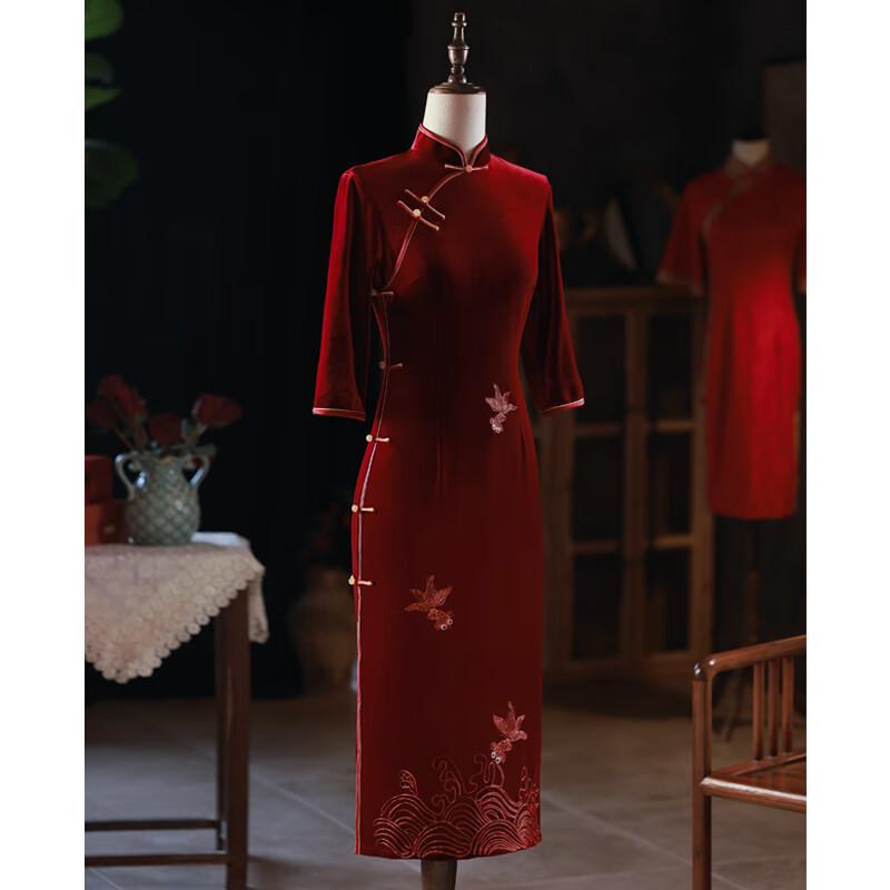 欧瑟芙长袖金丝绒旗袍高档旗袍小个子妈妈装春秋结婚礼服女喜婆婆婚宴
