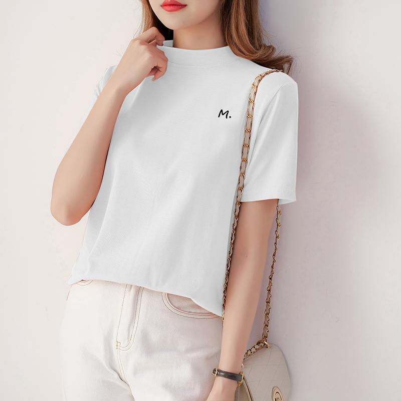万派摩半高领短袖t恤女宽松薄款新款夏季韩版含棉半袖女小领口ins潮