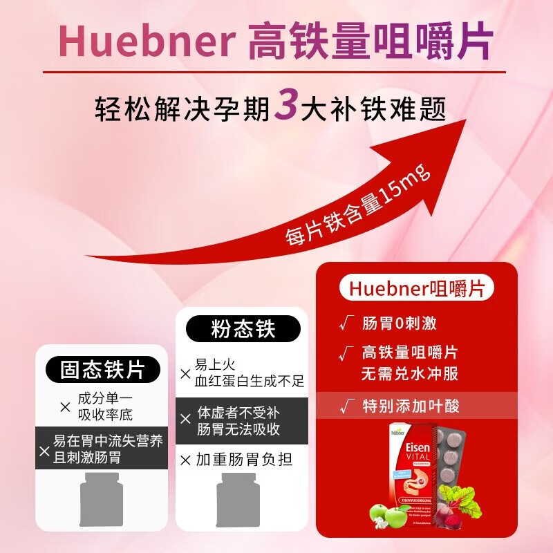 Huebner郝柏娜Eisen德国VITAL孕妇补铁VC维生素果蔬咀嚼片叶酸片备孕30片 【尝鲜体验】 30片*1盒