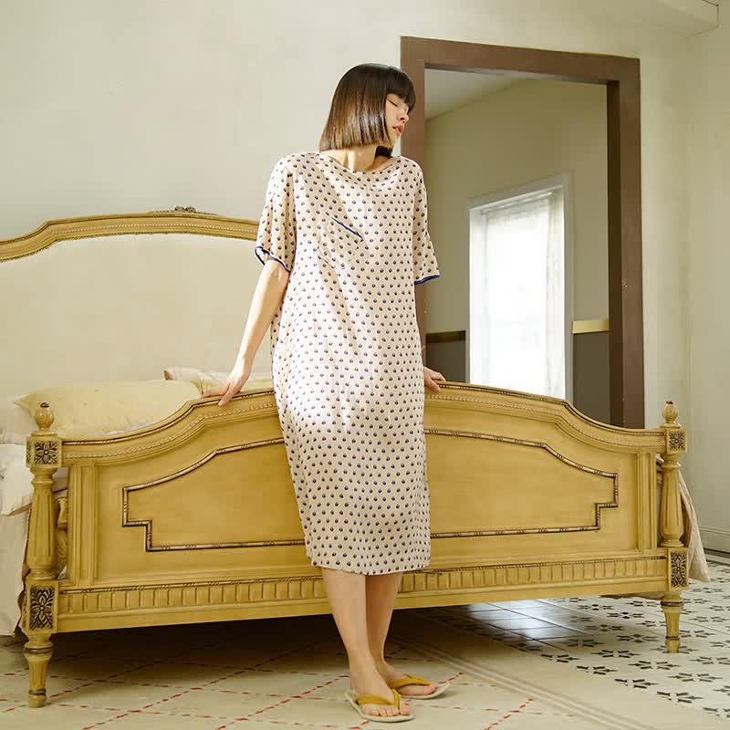 朵朵·可可夏季人棉凉感轻薄女款短袖中长款宽松舒适简约睡裙 浅杏【155预售7.2】 L (165)