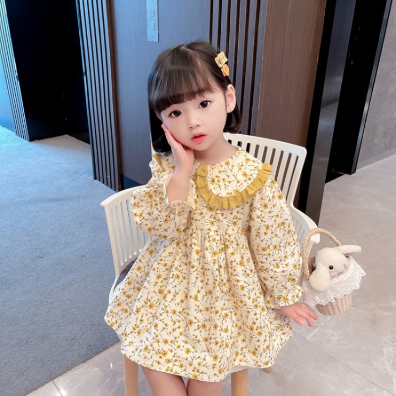 哈兜兒 女童春秋連衣裙2024新款小童春裝長袖棉布裙子女寶寶學(xué)院風(fēng)公主 小黃花 80