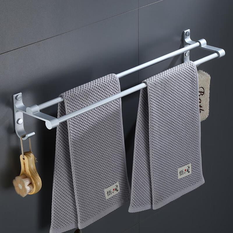 虎先森免打孔毛巾架浴室置物架厕所太空铝卫生间挂双杆毛巾杆 双杆毛巾 双杆毛巾杆