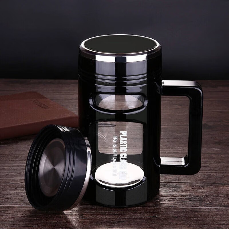 风草集玻璃杯大容量男女双层隔热水杯带盖 黑色550ml