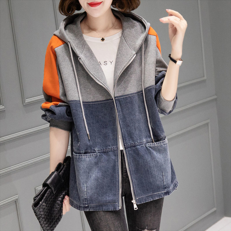 拓学春季女生穿搭戴带帽的连帽衫牛仔外套连帽牛仔外套女春秋2022新款