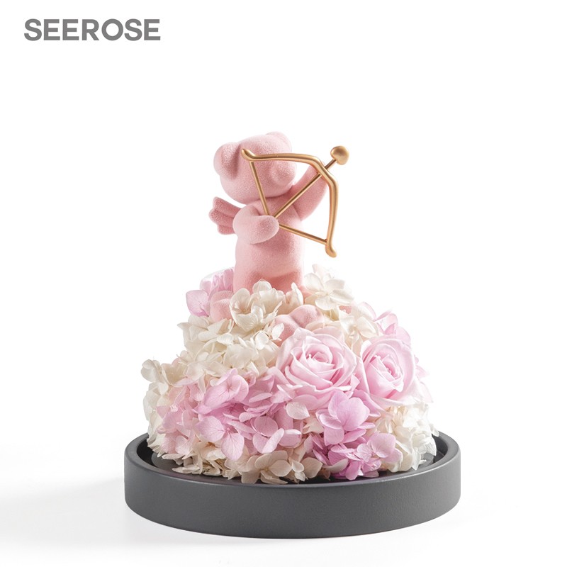 西罗斯（SEEROSE）永生花丘比特熊保鲜玫瑰花束国庆情人节送女生朋友表白生日礼物 丘比特熊-粉色(不支持代写贺卡)