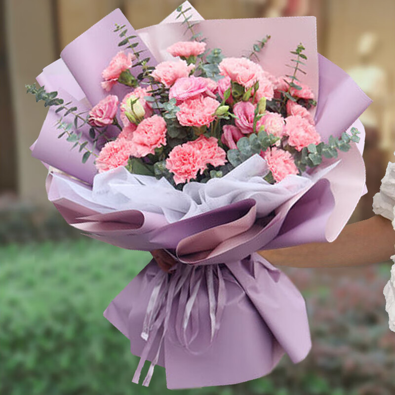 花束礼盒礼物送长辈探望同城鲜花店配送 19朵粉色康乃馨 5朵粉色桔梗