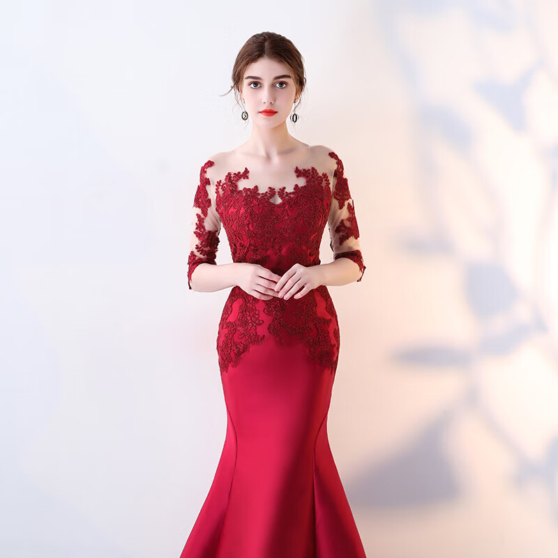 tomms)晚礼服女新款主持演出宴会鱼尾晚礼服长款修身新娘结婚敬酒服