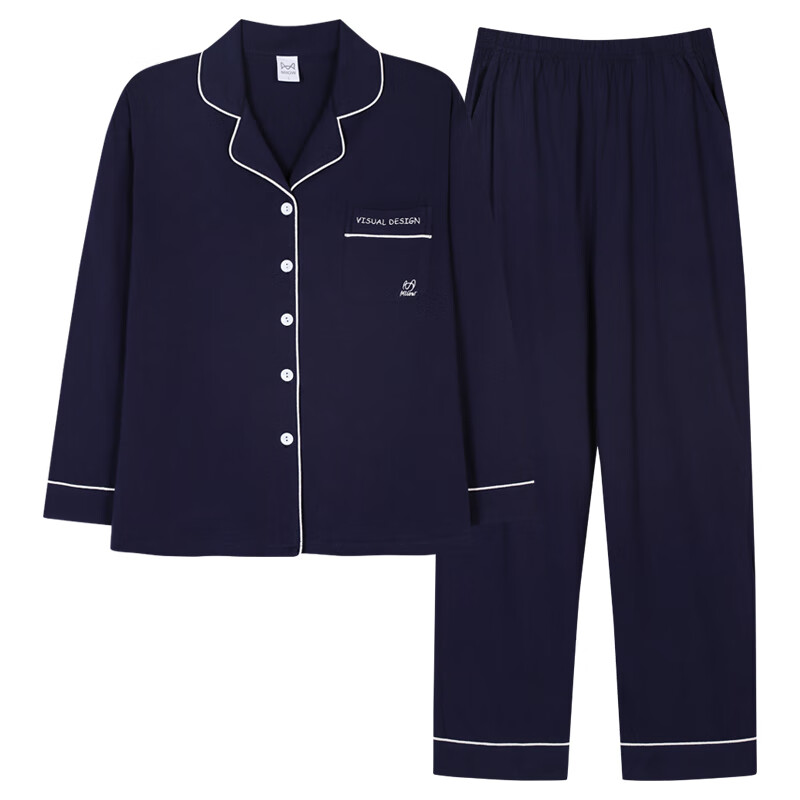 猫人男士睡衣男纯棉翻领开衫长袖睡衣男休闲可外家居服套装女 男款深蓝 2XL