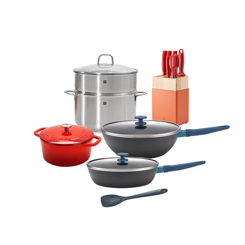 雙立人（ZWILLING）鍋具套裝不粘炒鍋煎鍋琺瑯鍋湯鍋蒸籠刀具套裝廚具全套13件套