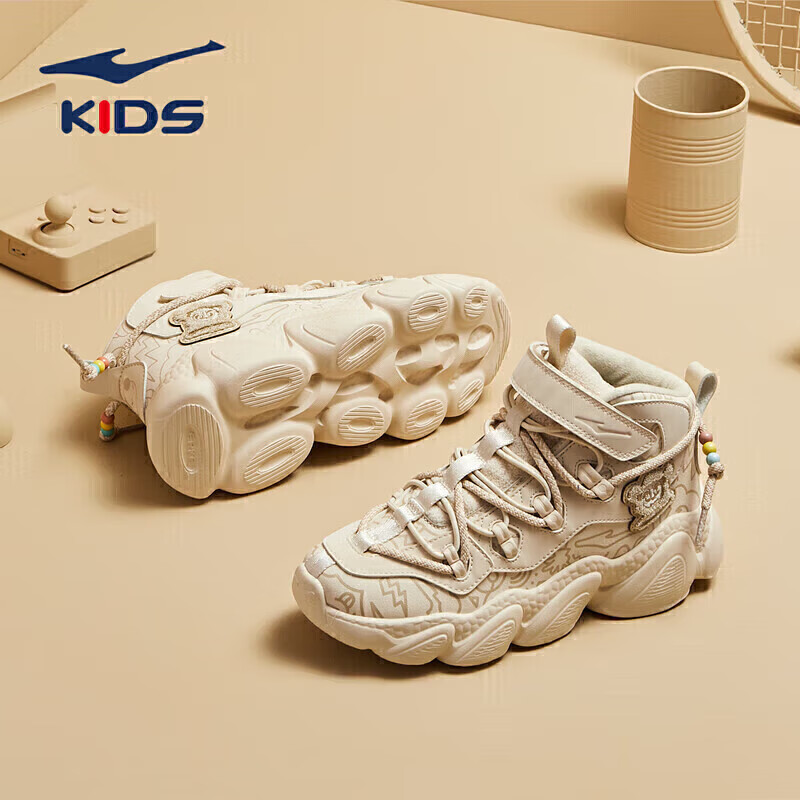 鸿星尔克（ERKE）童鞋男童中大童高帮休闲鞋儿童运动跑63122420067蛋奶灰/浅烟咖34