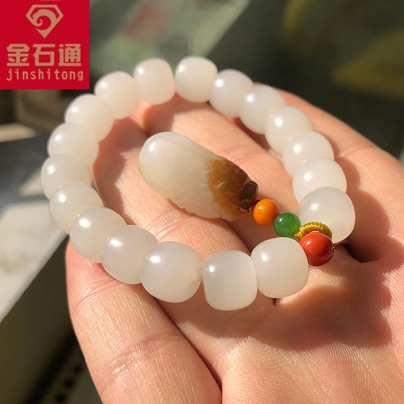 金石通 新疆和田玉女士款羊脂玉手链天然玉石老型珠白玉貔貅手串 图片