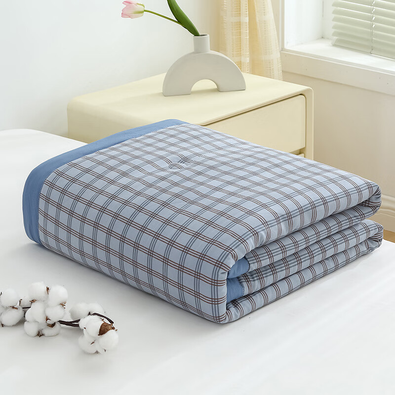 a类新疆棉花夏凉被夏季空调被可机洗纯棉夏被批发无印棉麻薄被子 蓝小
