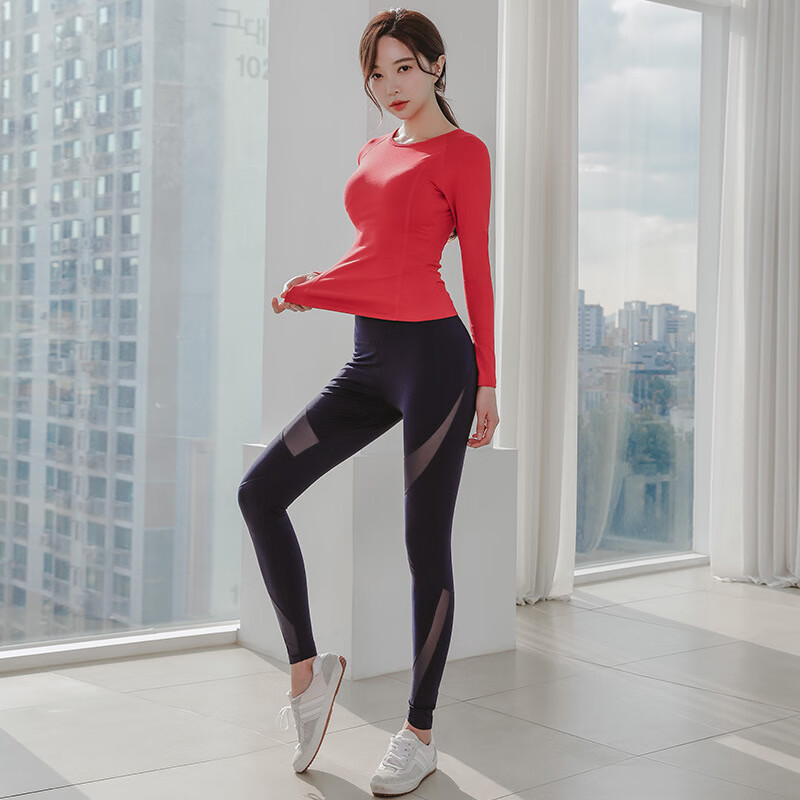 必在IuℕIu 新品  运动瑜伽服套装健身服女长袖套装秋冬跑步韩版运动服带胸垫 玫瑰红+宝蓝色 S