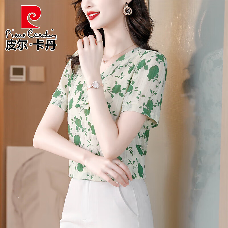 cardin)杭州重磅真丝衬衫女短袖衬衣2023夏季新款印花小衫品牌桑蚕丝