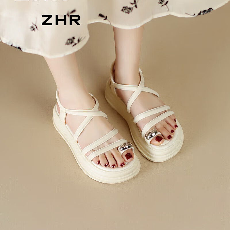 ZHR厚底涼鞋女時尚百搭女鞋簡約風交叉綁帶露趾鞋子女 JF31 米色 39 