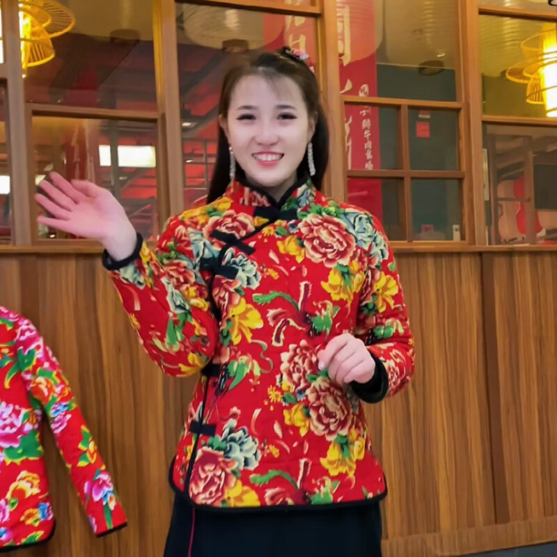 de常熟明玥服饰加绒加棉东北风大花棉袄2179民族风棉衣 暗红色-棉衣