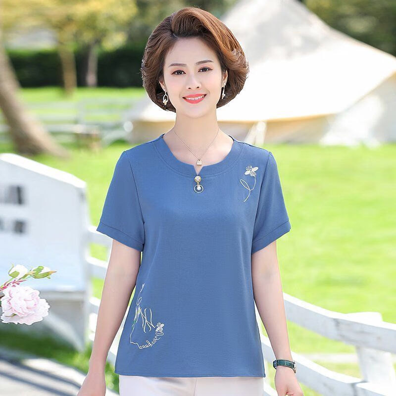 奔瑜40至50岁女人穿的夏季短袖中年妈妈t恤衫新款中老年女装夏装上衣