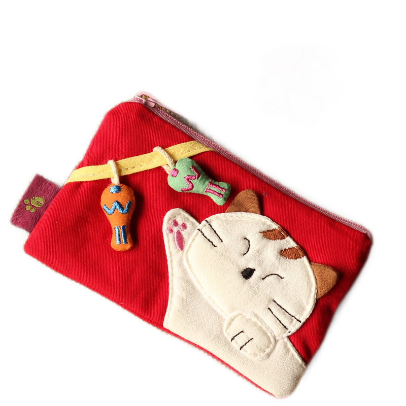 書果兒(SHU GUO ER)韓國可愛卡通貓咪迷你布藝短款零錢包女式拉鏈裝硬幣的包小號錢包 貓拼格有條紋深蘭兩層