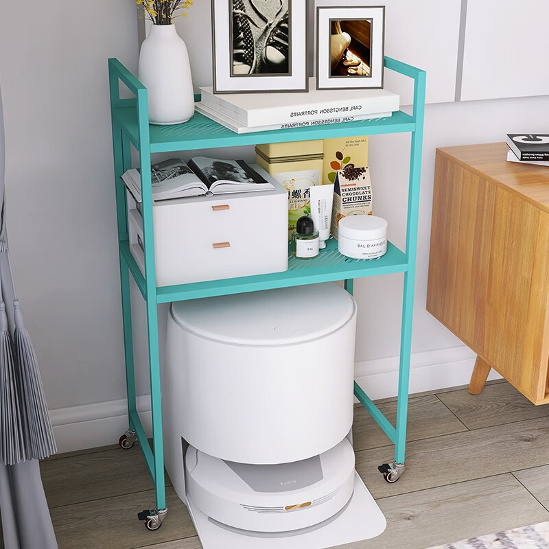 峰阳货架 扫地机器人上方置物架 带轮子可移动 落地二层家用方管架子 黑色 方管型50*30*83cm