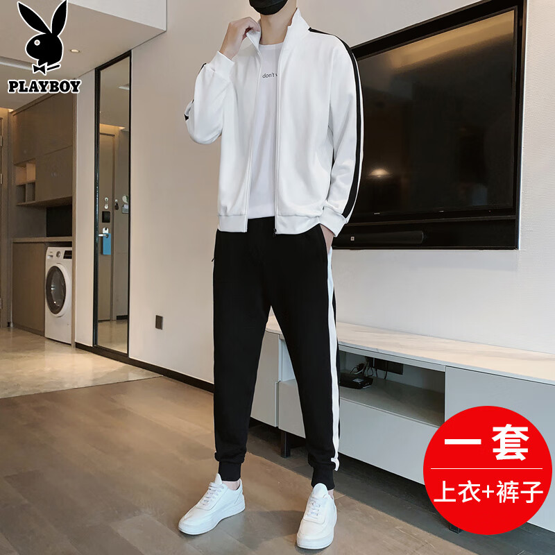 花花公子（PLAYBOY）卫衣男套装新款冬季百搭男装长袖t恤休闲裤子潮流立领外套男国潮男装联名 HUACHH816TZ白色套装 M