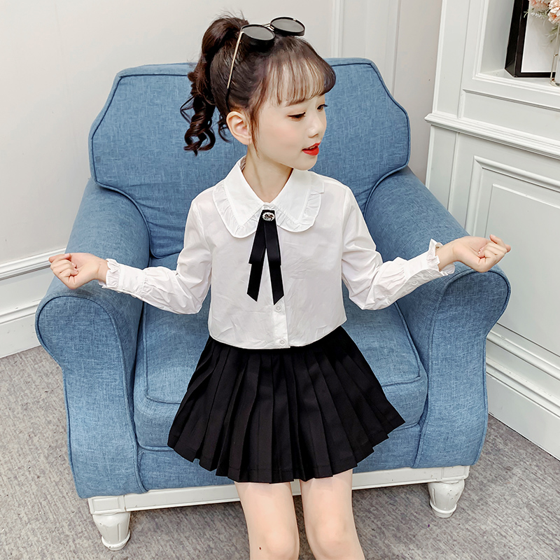 小憨鹿女童白衬衫春秋套装儿童7中大童白色衬衣韩版洋气时髦女孩8两件