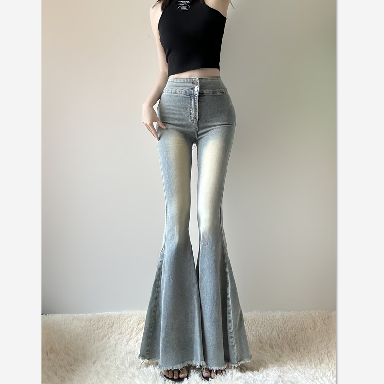 糖哆法式高腰牛仔鱼尾牛仔裤女高腰新款大春季显瘦复古弹力修身阔腿拖