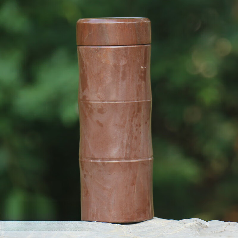 木鱼石水杯 养生木石坊 天然木鱼石杯子茶水杯子有盖不防漏 弱碱 竹节