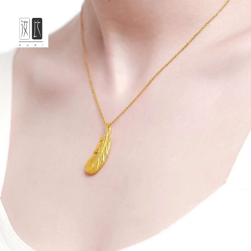 3d硬金足金999小羽毛18k金项链黄金羽毛爱情密语吊坠送女朋友 闺蜜